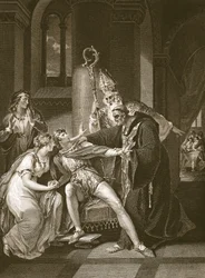 Edwy og Elgiva, gravert av Isaac Taylor, illustrasjon fra David Humes 'The History of England', pub. av R. Bowyer, London, 1812