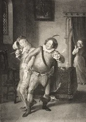 Olivias hus, Act II, Scene III, fra 'Twelfth Night, Or What You Will', fra The Boydell Shakespeare Gallery, utgitt sent på 1800-tallet