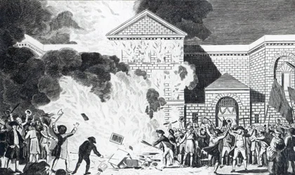 Ødeleggelsene forårsaket av at Rioters of London avfyrte New Gaol of Newgate og brente Mr. Akerman