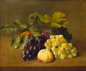 En fersken, en appelsin og druer på en trehylle,