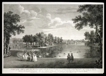 Utsikt over innsjøen fra Centre Walk i hagen ved West Wycombe, Buckinghamshire, gravert av William Woollett (1735-85)