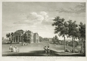 Utsikt over huset og en del av hagen i West Wycombe, Buckinghamshire, gravert av William Woollett (1735-85)