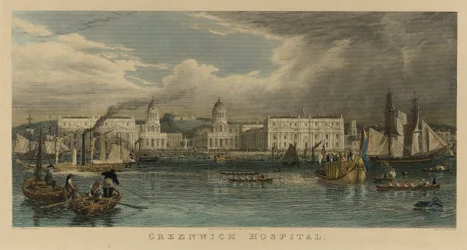 Kongelig besøk til Greenwich Hospital (England), med et seilskip, en dampbåt, passasjerlektere og robåter på Themsen.