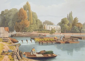 The Weir, fra Marlow Bridge, gravert av Robert Havell den yngre (1793-1878) utgitt 1818 (akvatint)