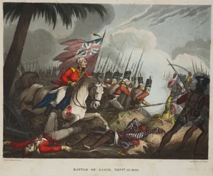 Battle of Assye 23. september 1803, aquatint av J.C. Stadler, pub. av Tegg, april 1818 (akvatint)
