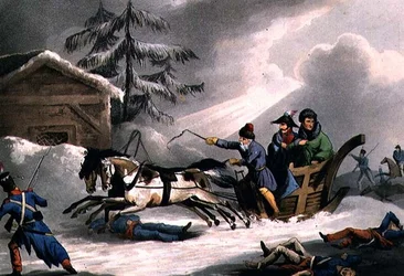 Bonapartes flukt forkledd som grev Vicenza fra Russland, utgitt 1. mars 1814 av William Heath (akvatint)