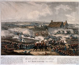 Sentrum av den britiske hæren ved La Haye Sainte under slaget ved Waterloo, etset av Thomas Sutherland, 1816 (farget akvatint)
