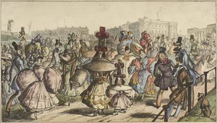 Menn og kvinner i slående antrekk går i en park i en by The Park - 1830 (tittel på objekt)