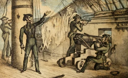 Marineriflemenn i aksjon om bord på et uidentifisert krigsskip, ca. 1835 (håndfarget etsning)