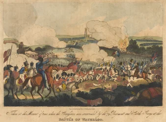 Tatt i tiden da Cuirassiers ble omringet av 79 Regiment og Scotch Greys i slaget ved Waterloo, 18. juni 1815, gravert av Romney og utgitt av Richard Evans, 1816 (co.