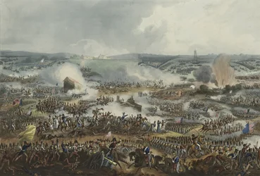 Slaget ved Waterloo, 18. juni 1815, akvatint av Thomas Sutherland (1785-1838), publisert i James Jenkins