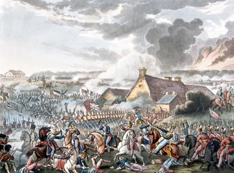 Slaget ved Waterloo, illustrasjon til et narrativt dikt av Dr. Syntax, utgitt 1818 (farget akvatint)