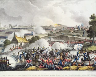 Senteret for den britiske hæren i aksjon i slaget ved Waterloo, 18. juni 1815, gravert av Sutherland
