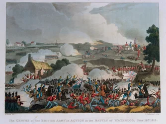 Sentrum av den britiske hæren i aksjon ved slaget ved Waterloo, 1815 (akvatint)