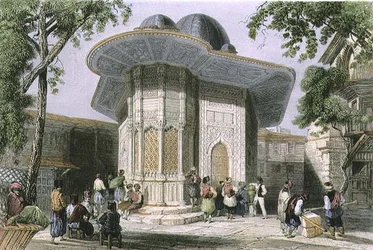 Fontene i Galata, Istanbul, gravert av H. Griffiths, ca. 1850 (akvatint)