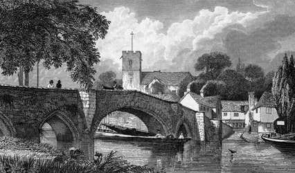 Aylesford Church and Bridge, gravert av B. Winkles, utgitt 1829