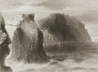Carrick-a-Rede Rope Bridge, County Antrim, Nord-Irland, fra "Scenery and Antiquities of Ireland" av George Virtue, 1860-tallet