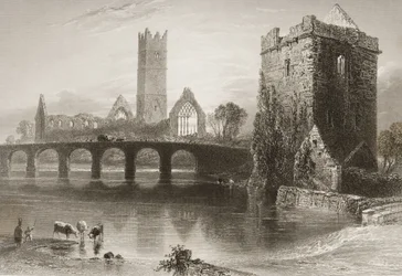 Clare Abbey, County Clare, Irland, fra "Scenery and Antiquities of Ireland" av George Virtue, 1860-tallet