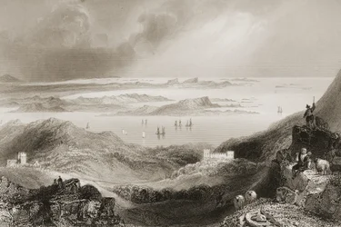 Clifden Castle, Connemara, County Galway, fra "Scenery and Antiquities of Ireland" av George Virtue, 1860-tallet