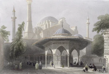 Court and Fountain of St. Sophia, Istanbul, gravert av J. Redaway, ca. 1850 (akvatint)