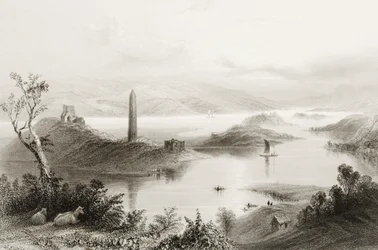 Devenish Island, County Fermanagh, Irland, fra "Scenery and Antiquities of Ireland" av George Virtue, 1860-tallet