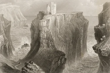 Dunseverick Castle, County Antrim, Nord-Irland, fra «Irlands landskaper og fortidsminner» av George Virtue, 1860-årene