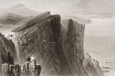 Fairhead, County Antrim, Nord-Irland, fra "Scenery and Antiquities of Ireland" av George Virtue, 1860-tallet