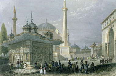 Fontene og plass i St. Sophia, Istanbul, gravert av T. Higham, ca. 1850 (akvatint)