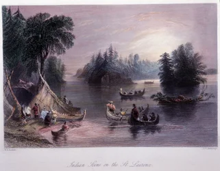 Indisk leir ved bredden av Saint Laurent - i "" kanadisk natur illustrert" av Bartlett W. H.