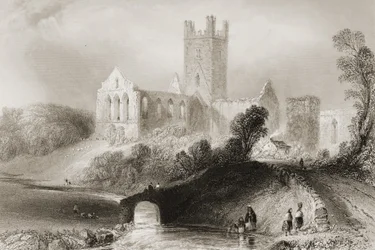 Jerpoint Abbey, County Kilkenny, Irland, fra "Scenery and Antiquities of Ireland" av George Virtue, 1860-tallet