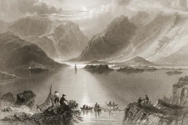 Killary Harbour, County Mayo, Irland, fra "Scenery and Antiquities of Ireland" av George Virtue, 1860-tallet