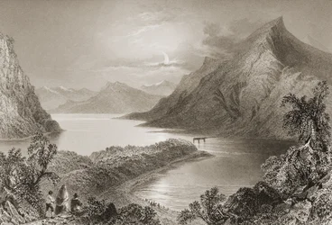 Lough Inagh, Connemara, County Galway, fra "Scenery and Antiquities of Ireland" av George Virtue, 1860-tallet