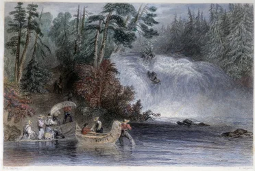 Menn som har på seg kanoer ved passasje av en strøm av nybyggere - i "" kanadisk landskap illustrert" av W.H. Bartlett, London