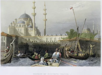 Moskeen Sultana Valide fra havnen, gravert av William Wallis, ca. 1850 (akvatint)