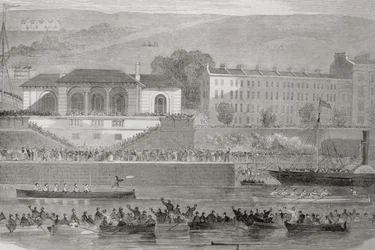 Naval Boat Race i Cork Harbour, County Cork, Irland, fra "Scenery and Antiquities of Ireland" av George Virtue, 1860-tallet