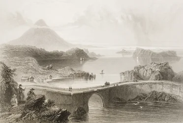 Pontoon Bridge ved Lough Conn, County Mayo, Irland, fra "Scenery and Antiquities of Ireland" av George Virtue, 1860-tallet