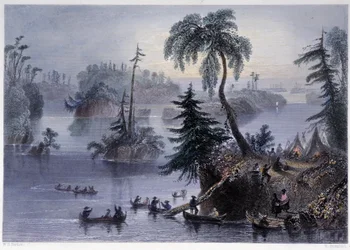 Scene blant de tusen øyene: Camp and Boats, Mille îles - i "" kanadisk natur illustrert" av Bartlett W. H.