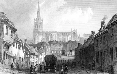 Thaxted fra sør, Essex, gravert av J. Rolph, 1832