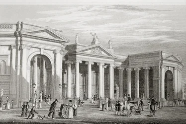 Bank of Ireland, Dublin, bygget i 1729, fra "Scenery and Antiquities of Ireland" av George Virtue, 1860-tallet