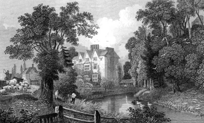 The Moat of Ongar Castle and Castle House, Essex, gravert av Henry Wallis, 1832