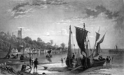 The Village of Leigh, nær Southend, Essex, gravert av Charles Mottram, 1833