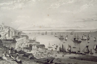 Utsikt over Cobh Harbour, med utsikt mot Rostellan, County Cork, Irland på 1830-tallet, fra "Scenery and Antiquities of Ireland" av George Virtue, 1860-tallet
