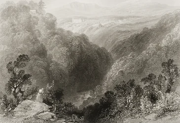 Utsikt over Powerscourt fra Dargle, County Wicklow, fra "Scenery and Antiquities of Ireland" av George Virtue, 1860-tallet