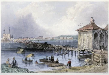 Utsikt over en bro over Richelieu-elven ved St John's - i "" Canadian Scenary illustrert"" av William Henri Barlett, red. George Virtue