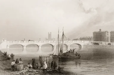 Wellesley Bridge, Limerick, Irland, fra "Scenery and Antiquities of Ireland" av George Virtue, 1860-tallet