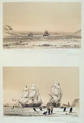 Bemerkelsesverdig utseende på himmelen, alltid på motsatt side av solen (øverst) og The Devils Thumb, kjedelige og skjeve i flokken (nederst) fra 'Ten Colored Views tatt under Arctic Expedition of Her Ma