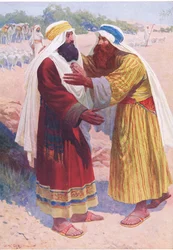 Møtet mellom Jakob og Esau, fra The Bible Picture Book utgitt av Thomas Nelson, ca. 1950