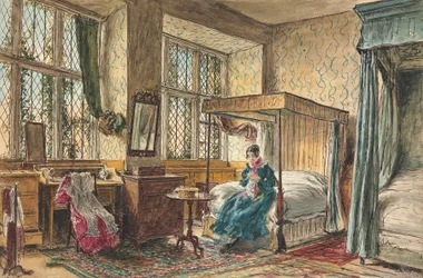 Frøken Moore som syr på soverommet sitt, Hardwick Hall, Derbyshire