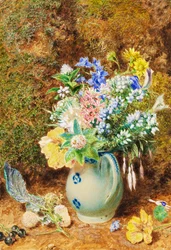 Lyseblå kinesisk mugge med lyng og små blomster, ca. 1860