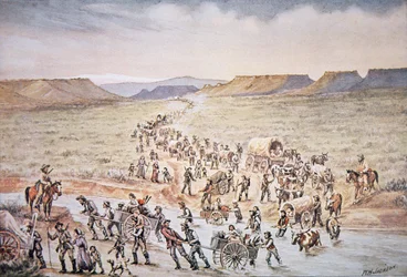 Mormonske håndkjerre-pionerer på vei vestover til Utah i 1850 (farge litho)